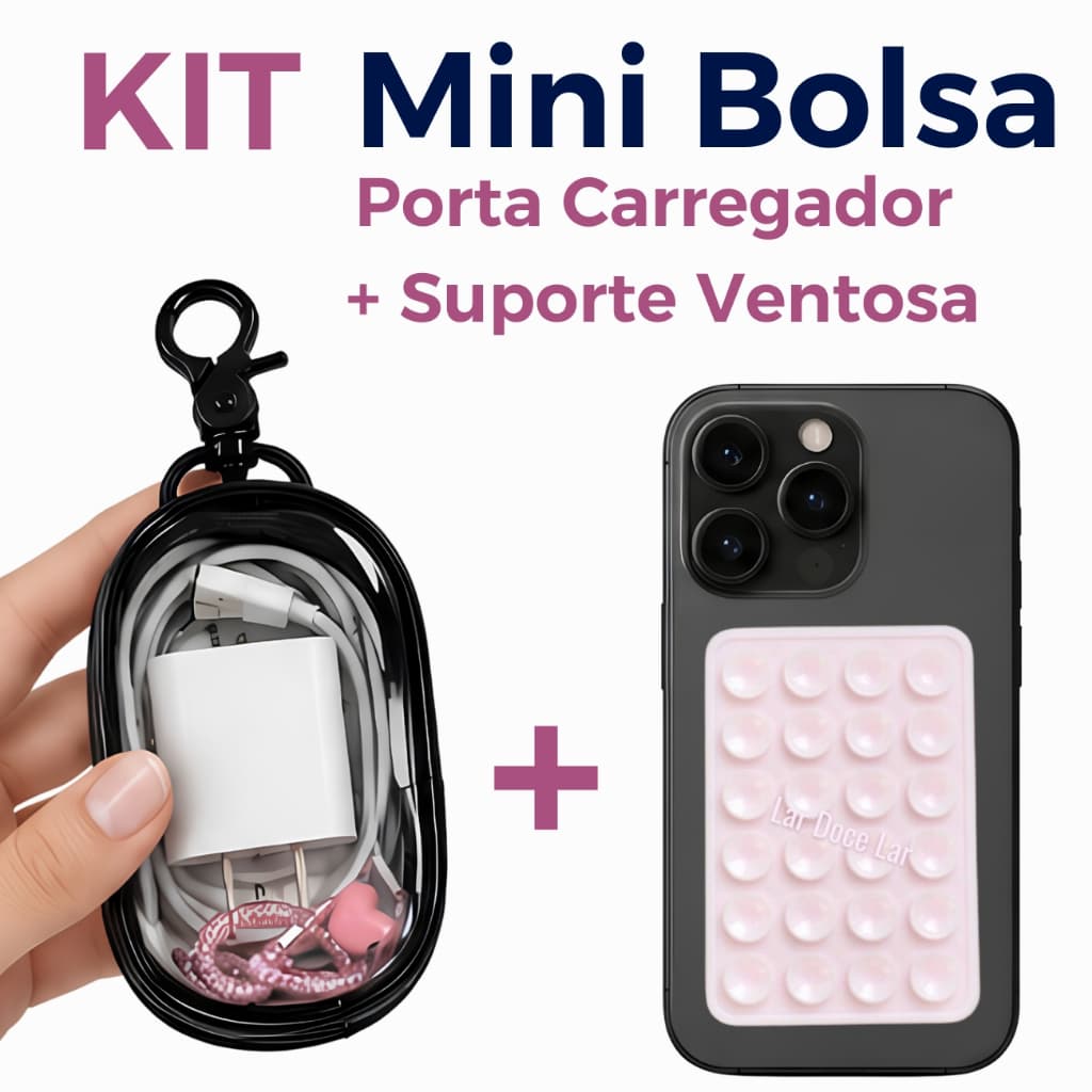 KIT - 01 Bolsa para Carregador + 01 Suporte de Celular com Ventosa Adesivo de Silicone