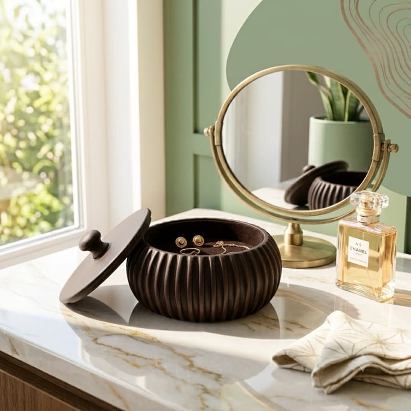 Porta Joias Organizador Canelado Com Tampa Elegante Quarto Empilhavel Decoração