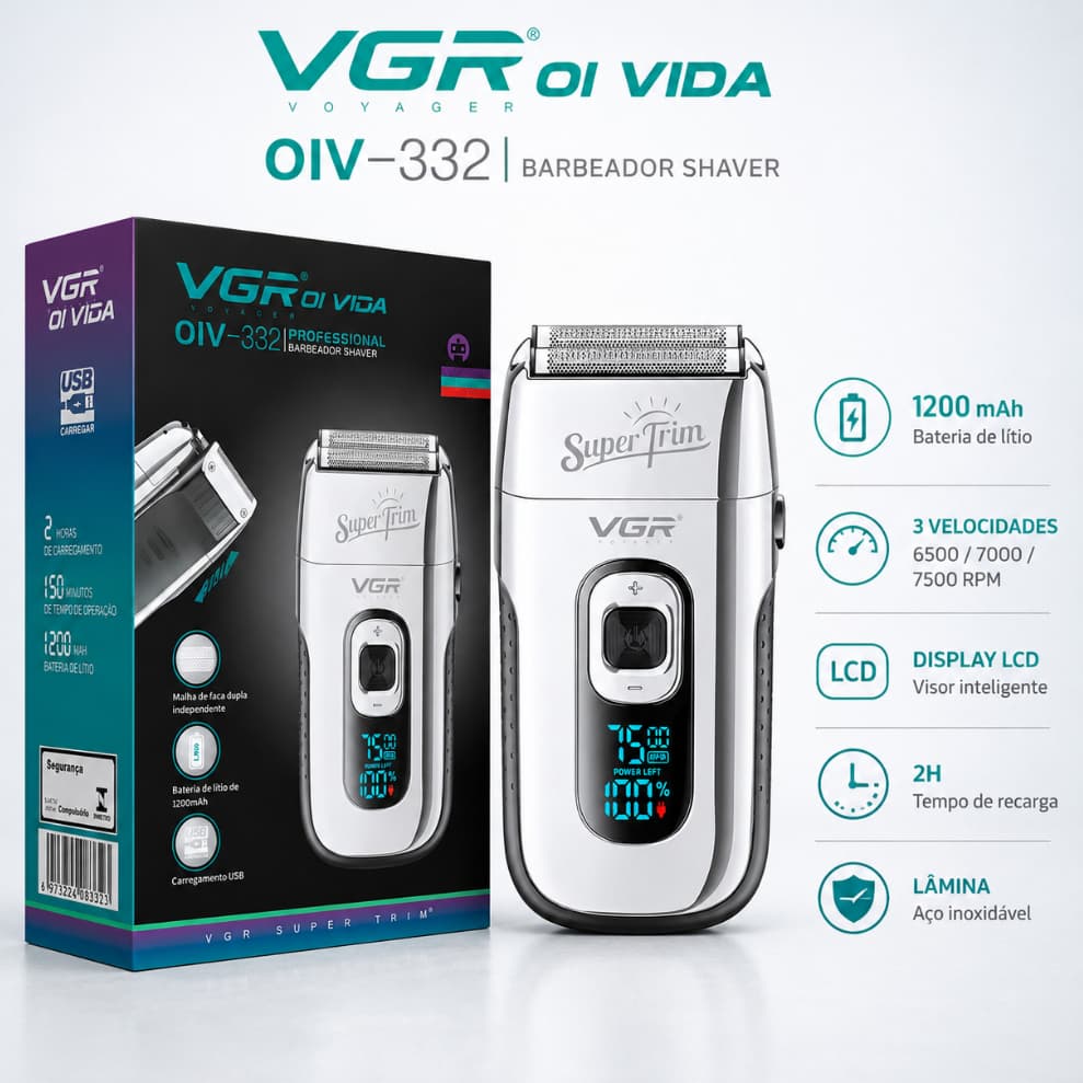 Barbeador Shaver Profissional VGR OIV-332 3 Velocidades Bivolt 7500 RPM Display LCD USB-C 1200mAh
