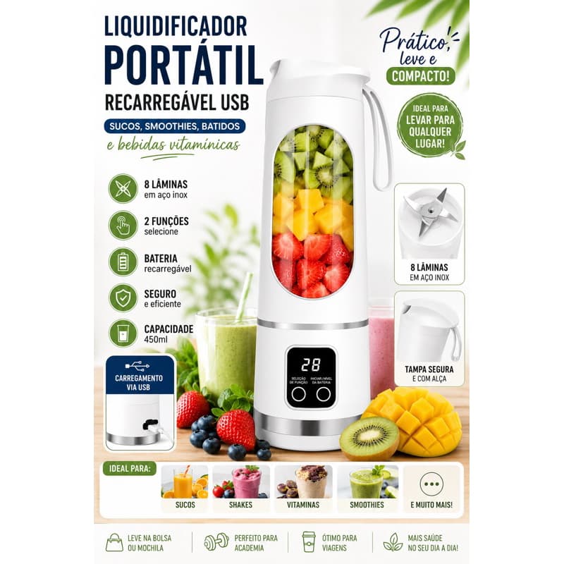 Liquidificador Portátil Recarregável USB com 8 Lâminas - Ideal para Sucos, Smoothies, Batidos e Bebidas Vitamínicas
