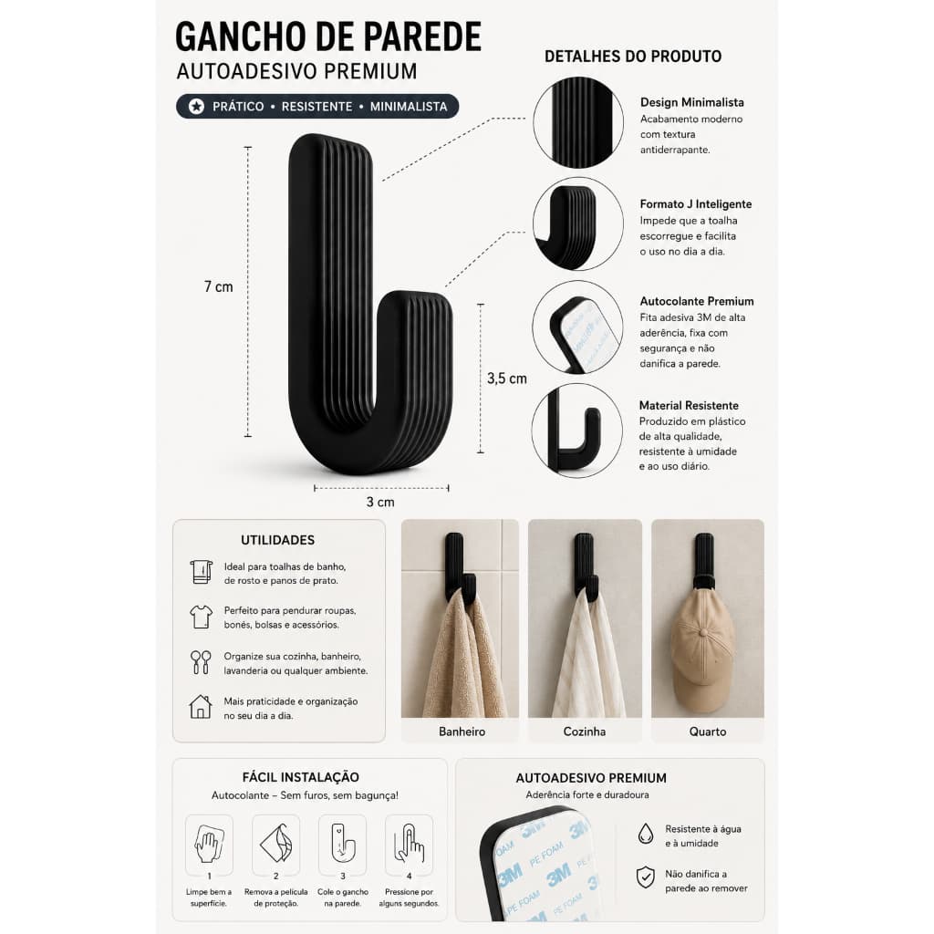 Gancho de Parede Adesivo - Instalação Rápida e Fixação Firme, Design Moderno
