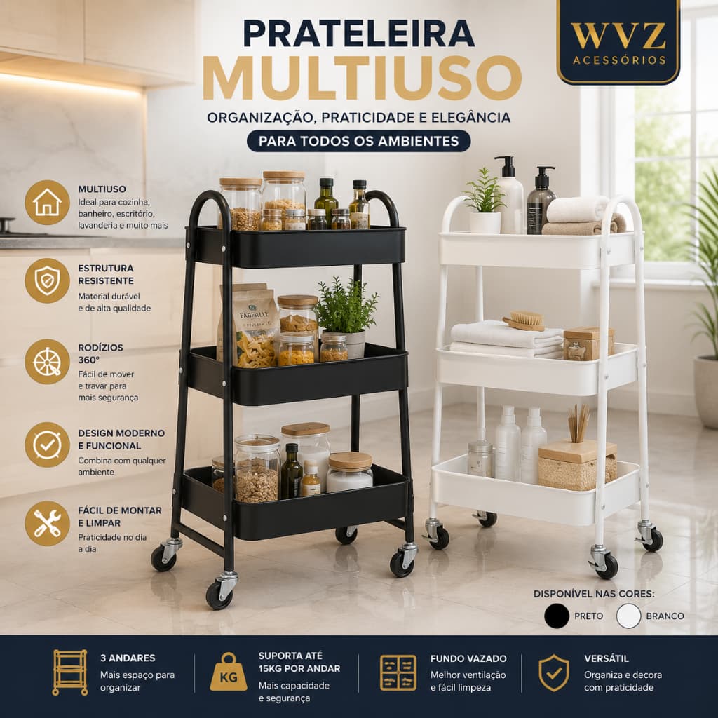 Prateleira Multiuso 3 Andares com Rodinhas Metal Organizador Branco Preto WVZ