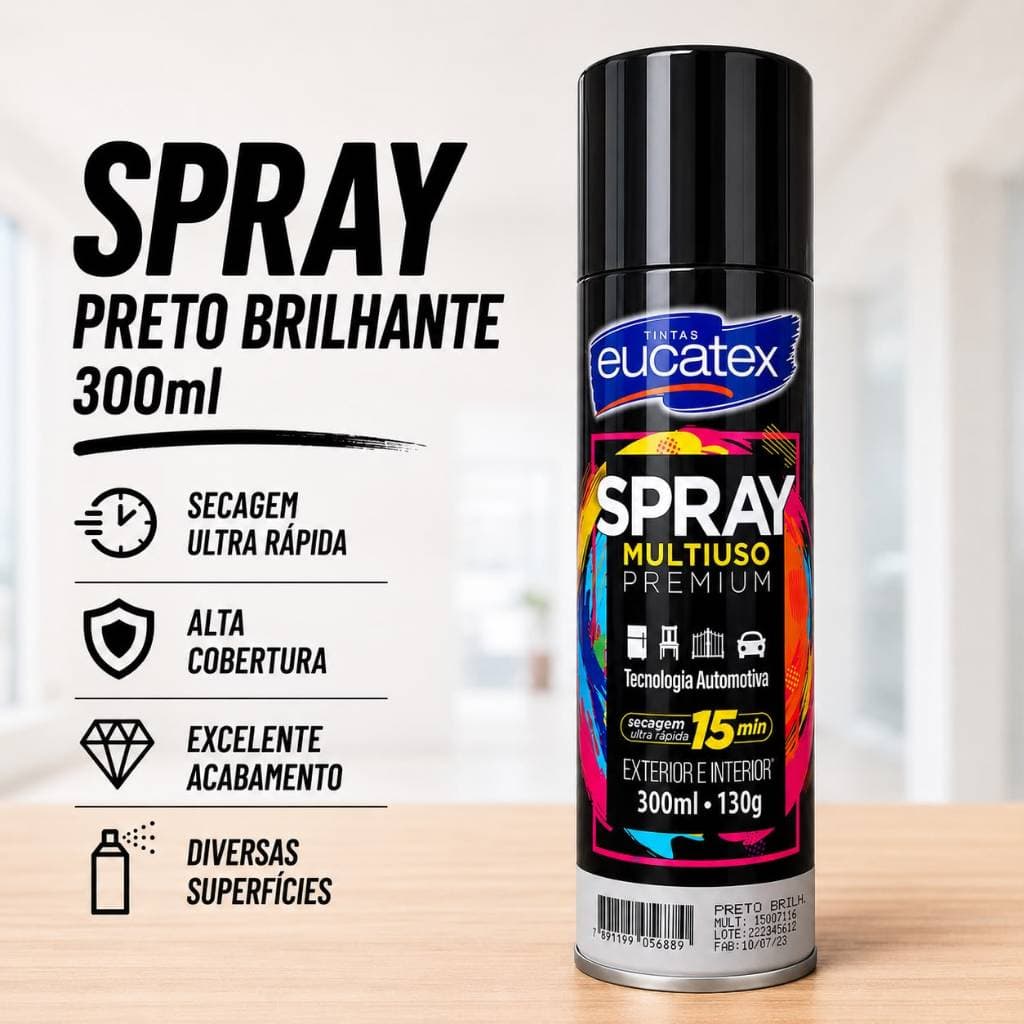 Spray Preto Brilhante Automotivo Alta Temperatura 300ml Tinta Premium 600°C Secagem Ultra Rápida