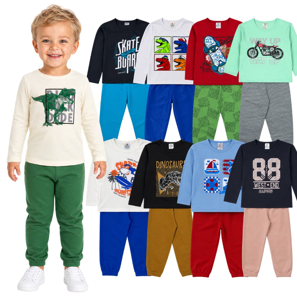 Kit 8 Peças Meia Estação Menino Roupa Infantil Manga Longa Masculino Blusa + Calça 4 Conjuntos