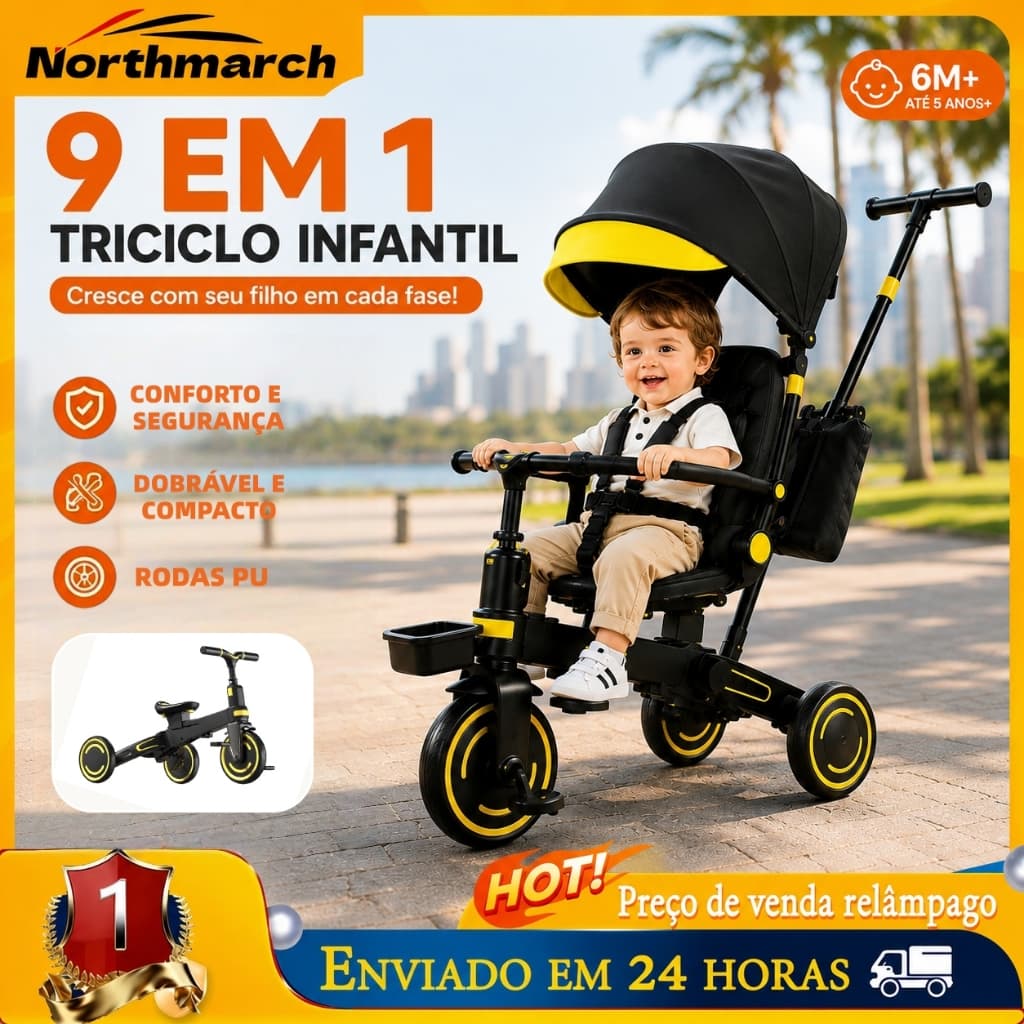 Triciclo Infantil 9 em 1 Dobrável Rodas PU 6M+ até 6 Anos+ Capota Protetora