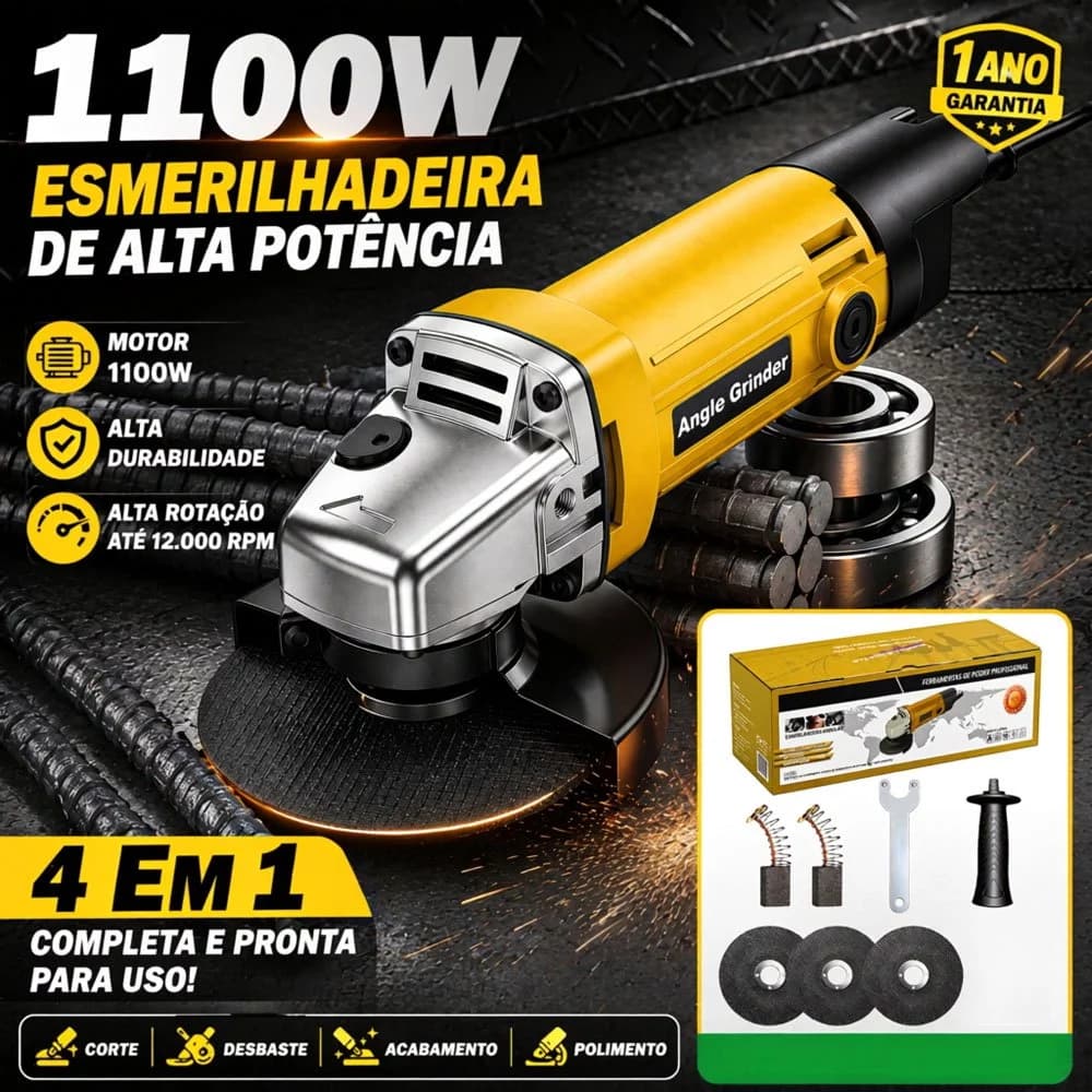 Esmerilhadeira Angular com Fio 110-127V Corte e Desbaste Metal Profissional Ferramenta Eletrica Alta Rotacao Uso