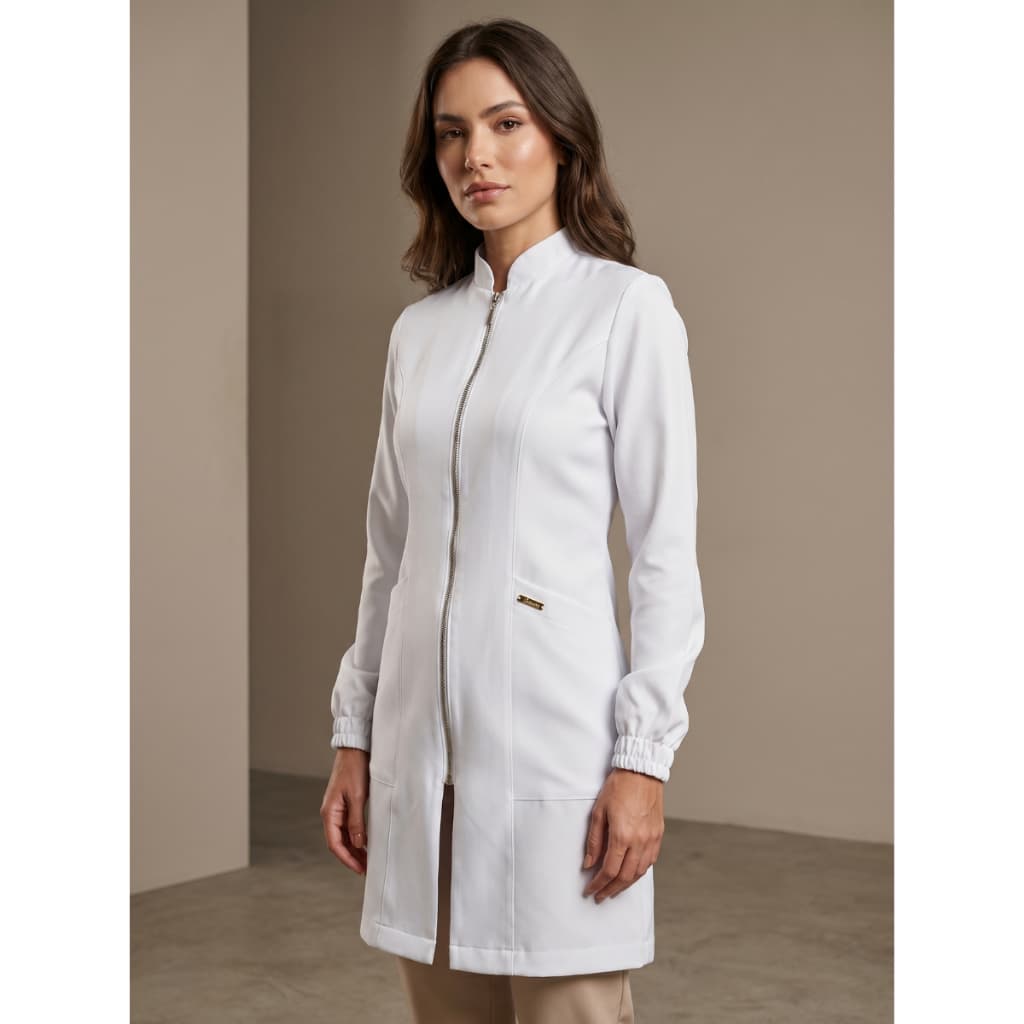 Jaleco Feminino Branco Acinturado Gabardine Premium Diana com Zíper Jaleco Art