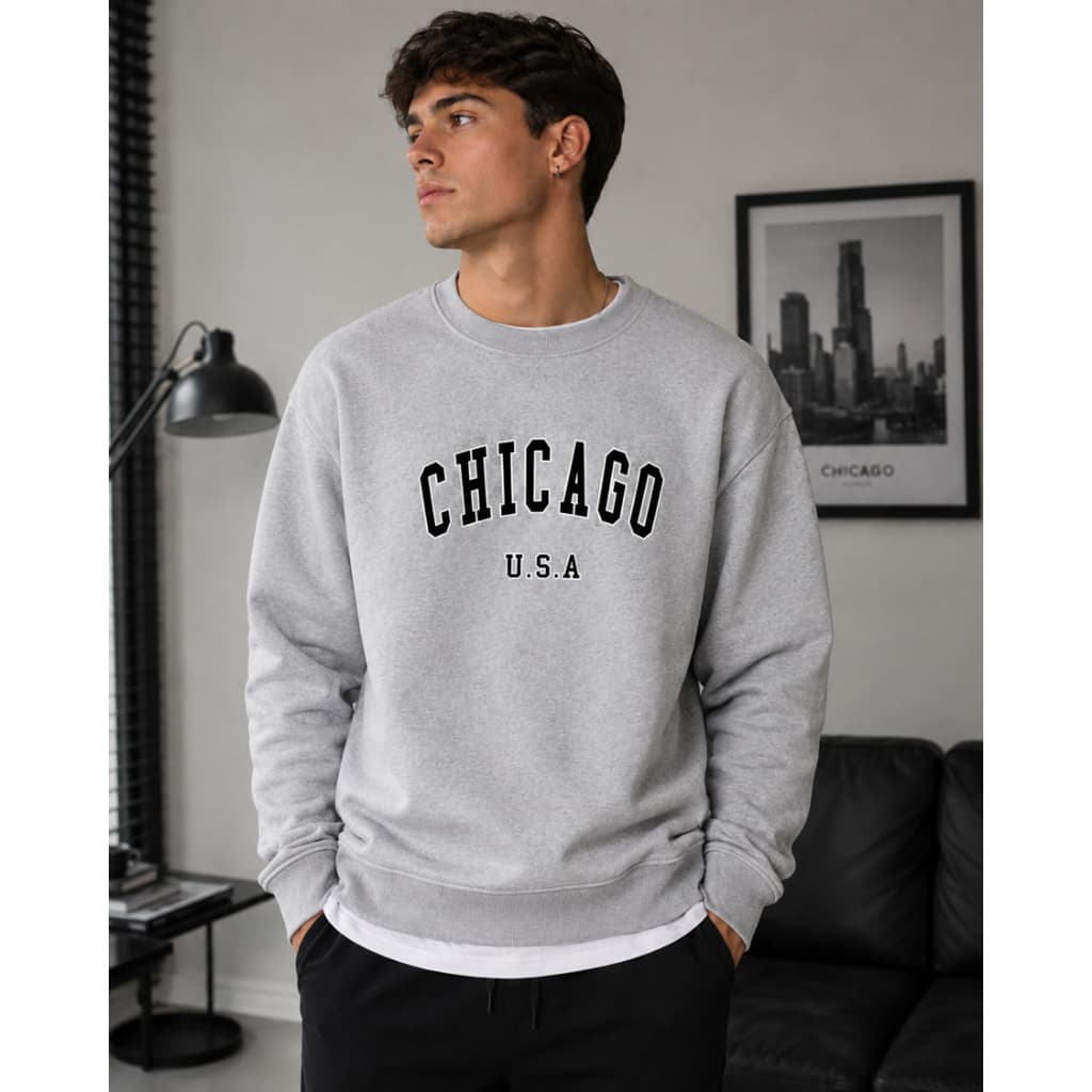 Blusa De Frio Estampa Chicago Unissex Moletom Em Algodão Gola Redonda Casual
