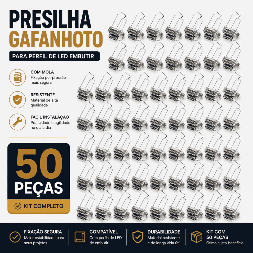 KIT 50 PRESILHAS GAFANHOTO PARA PERFIL DE LED EMBUTIR