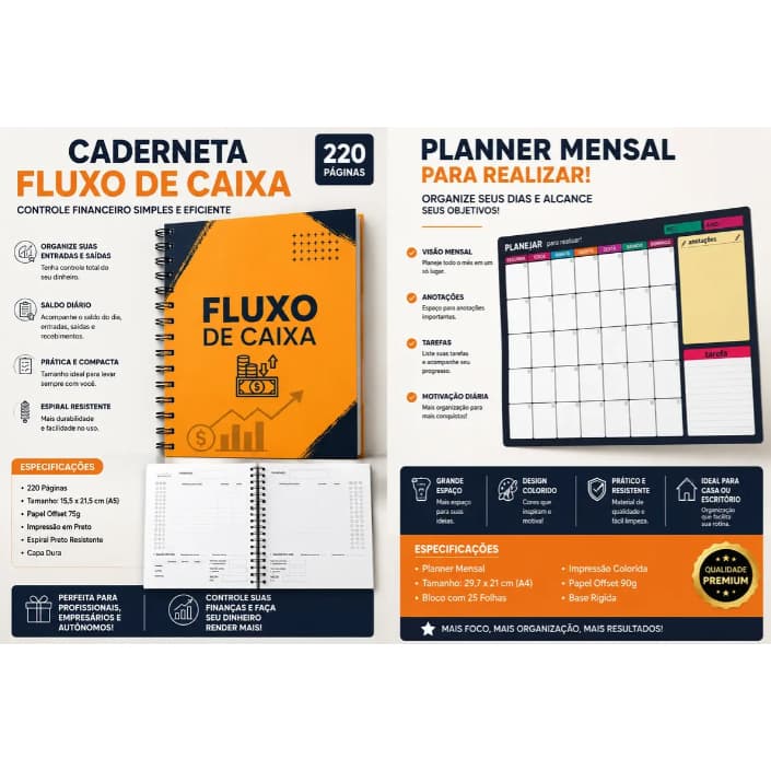 Kit Organização e Controle Financeiro – Caderneta Fluxo de Caixa + Planner Mensal A4 com irmã na parte de traz