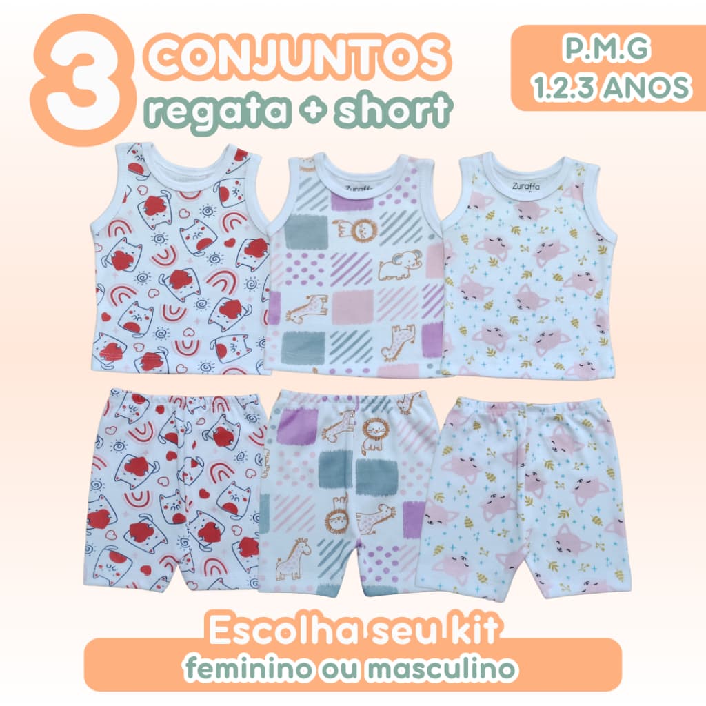 Kit 6 Peças Regata Short Canelado Estampado Menina Menino Verão Calor Dia a Dia  P.M.G 1 ano 2 anos 3 anos Zuraffa Baby