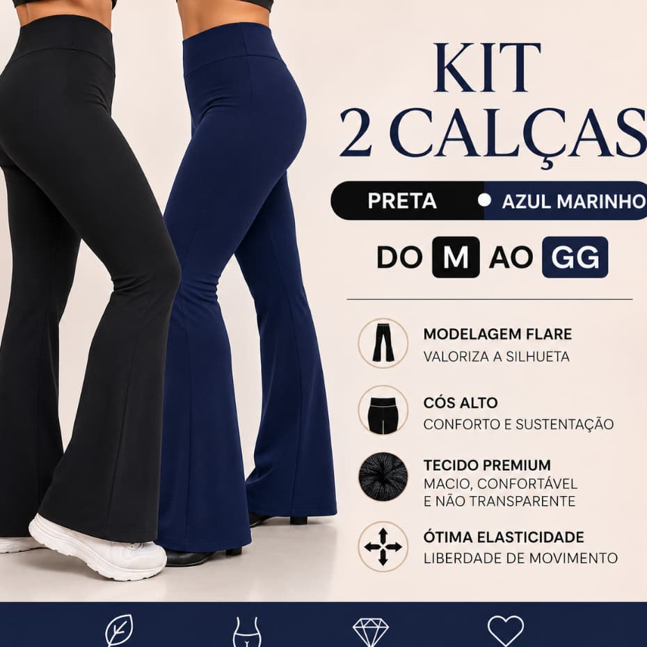 Kit 2 Calças Flare Feminina Cós Alto Suplex Premium Cintura Alta Modeladora do M ao GG Confortável