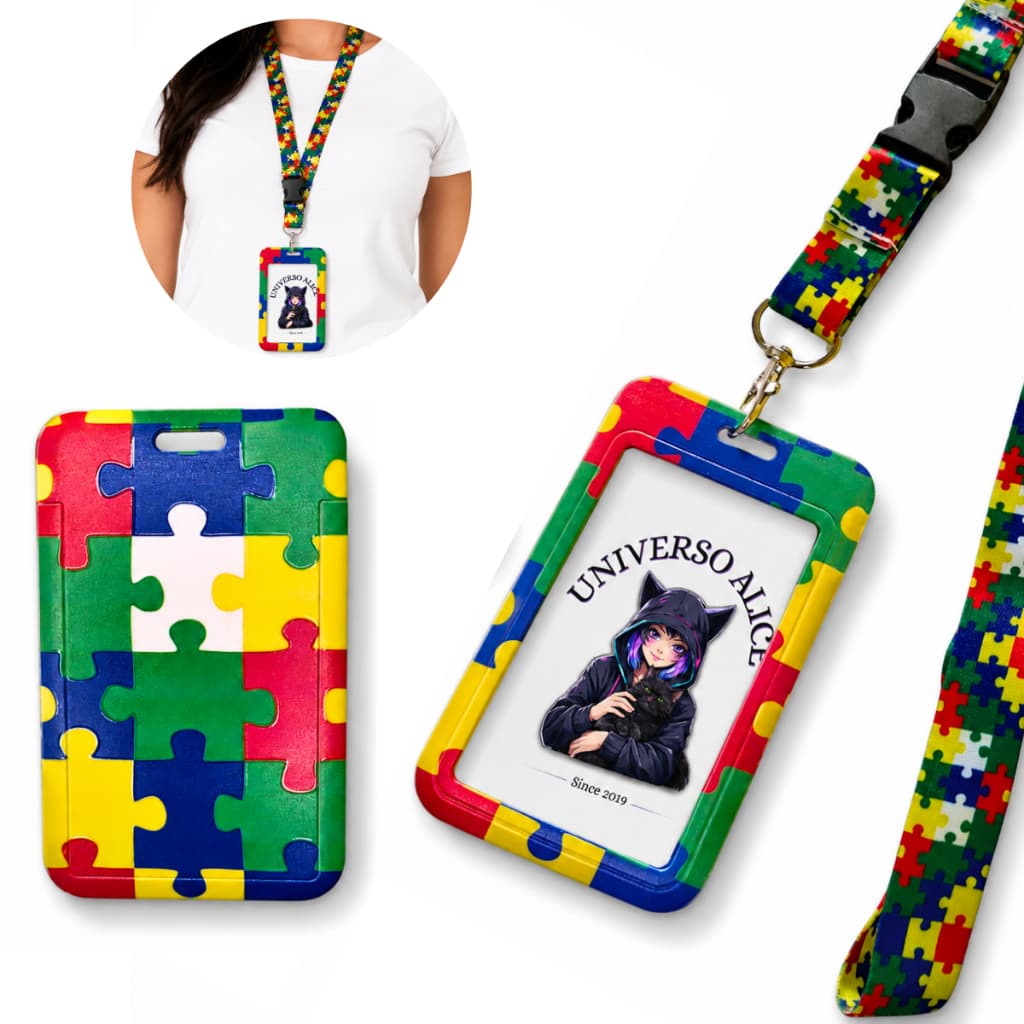 Cordão Autismo TEA TDAH Dislexia PCD + Porta Crachá Resistente Doença Oculta Quebra-Cabeça Premium