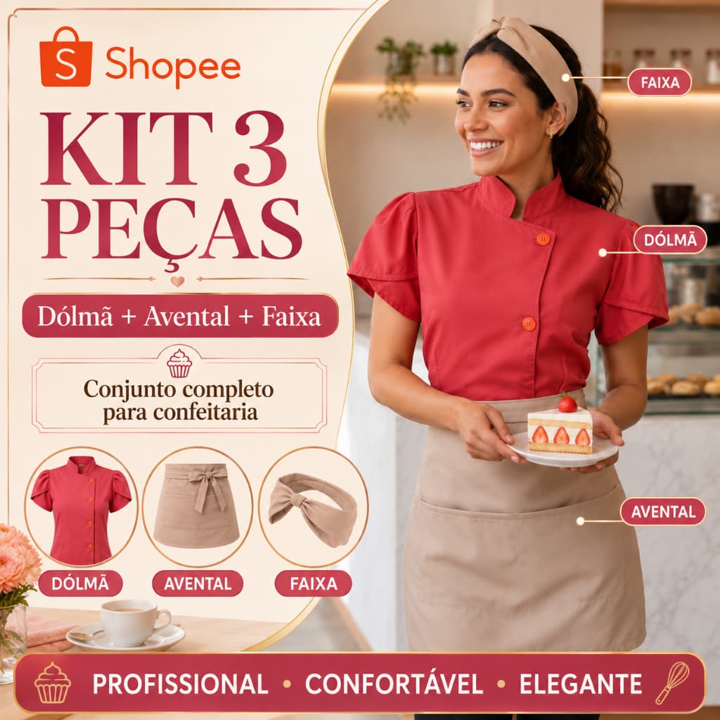 Dolma Chef Feminino Manga Curta GABARDINE PREMIUM Kit com Avental de Cintura e Faixa de Cabelo Caimento Moderno