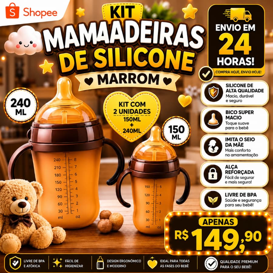 Kit 2 Mamadeiras Silicone Bebê 150ml + 240ml Anti-cólica Sem BPA Imita Seio Materno