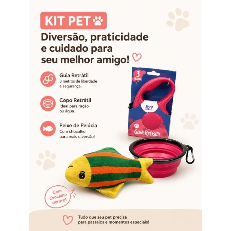 Kit  Coleira Retrátil + Copo Retrátil + Pelúcia Passeios Cães Gatos Brinquedos Comedouro Guia Coleira