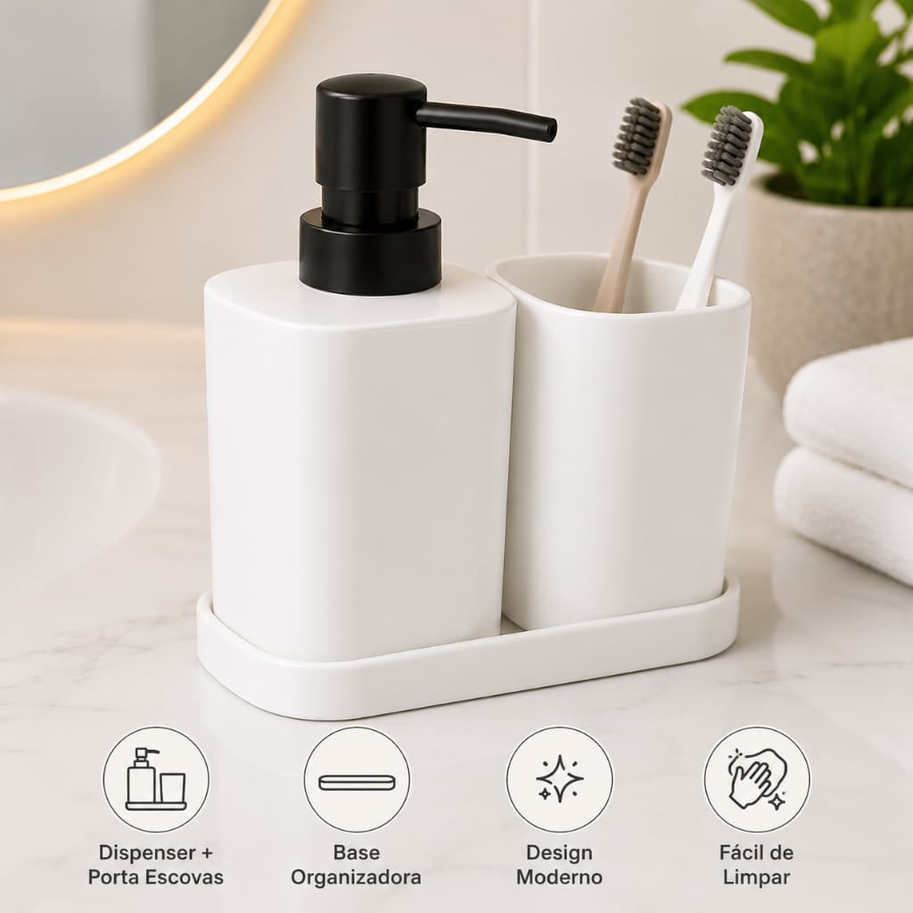 Kit Banheiro Branco 3 Peças Porta Sabonete Líquido Porta Escovas Plástico Moderno