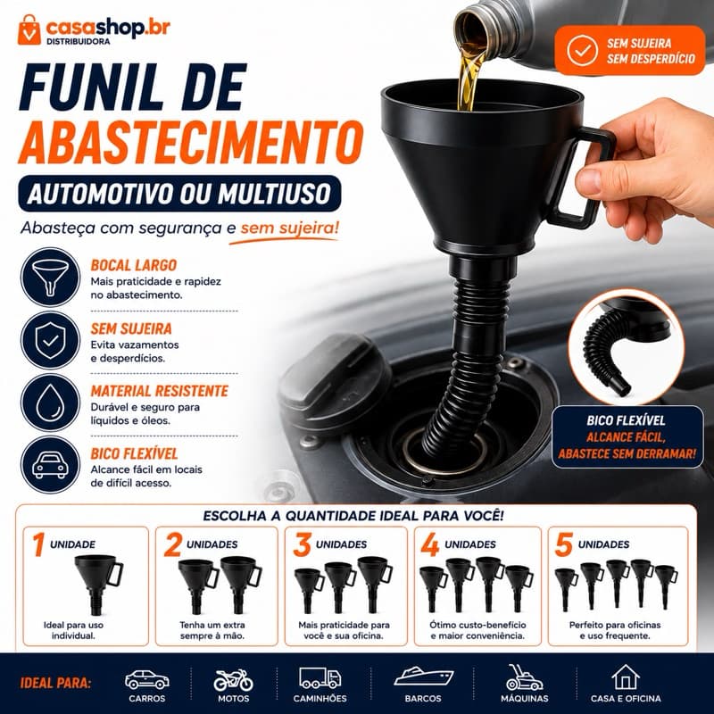 Funil Automotivo Para Troca de Óleo Sem Sujeira Carro e Moto Bico Flexível e Peneira