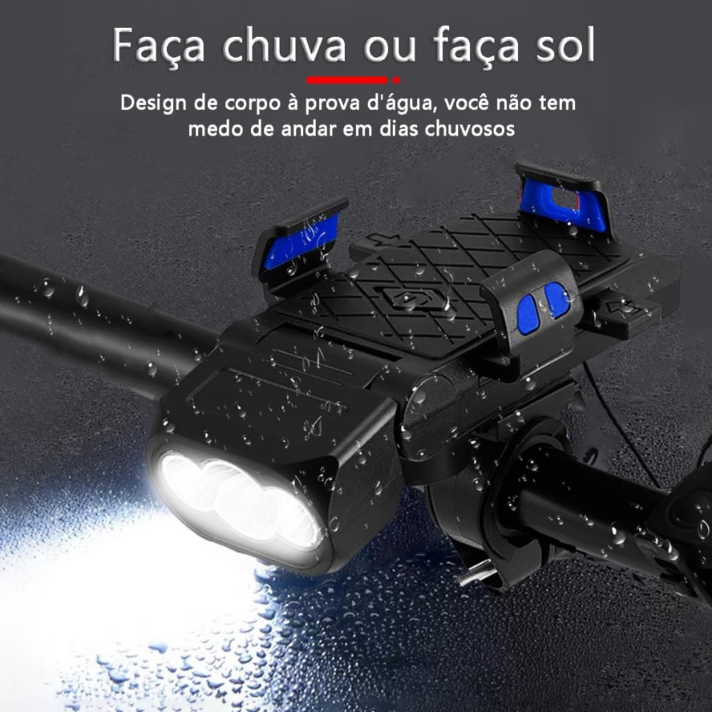 4 Em 1 Multifuncional Kit Lanterna Bike Buzina Suporte Para Celular Power Bank Recarregável 3000 Lúmens À Prova D'Água