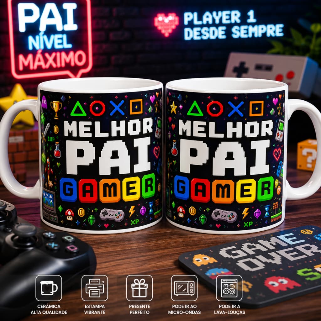 Caneca dia dos pais gamer jogos pixel pai xicara