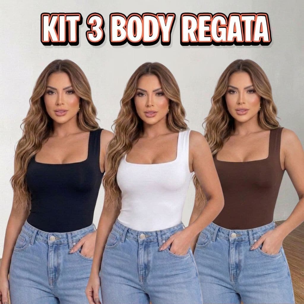 Kit 3 peças Body Feminino Regata Alça Grossas Collant Decote Quadrado Básico Casual Dia Noite Bori Suplex