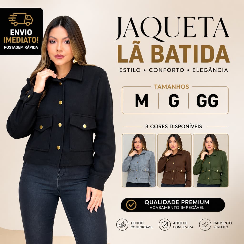 Casaco Feminino Lã Batida com Gola Polo Botões e Bolsos Moda Inverno
