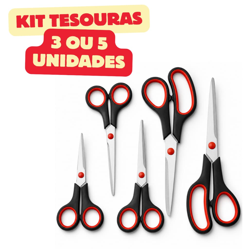 Kit 5/3 Tesoura Multiuso Afiada Aço Inox Laminado Cozinha Escritório Costura Profisional Escola