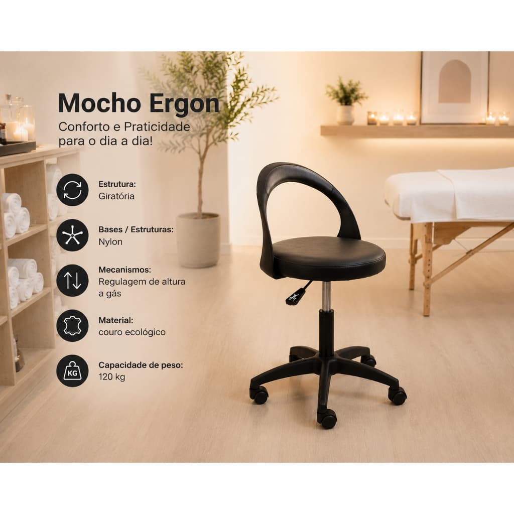 Cadeira Ergon Banqueta com Encosto Giratoria  Clinica Estetica salão beleza Spar Preta