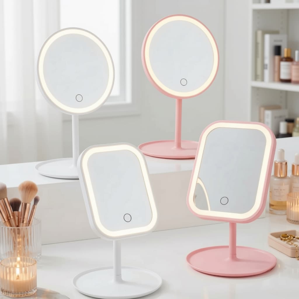 Espelho Maquiagem LED Touch Recarregável USB Ajustável Luz Quente Fria Neutra Portátil Rosa Branco