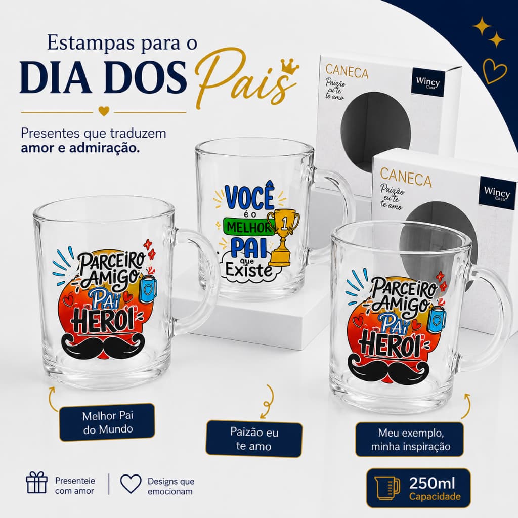 10 Caneca Dia Dos Pais Vidro Decorada Floral Presente Premium