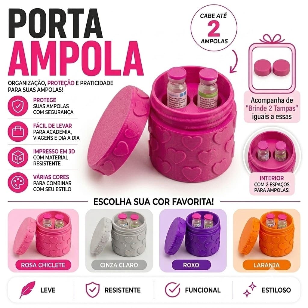 Organizador Frasco Porta Ampola PINK para 2 de 3ml Tirze - GH Coração Brinde Tampa Resistente Moderno Presente