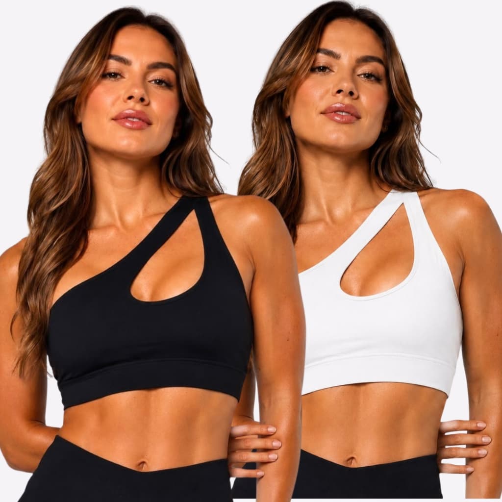 KIT 2 Tops de Academia Gota Fitness Feminino Suplex Bojo Removível Um Ombro Só