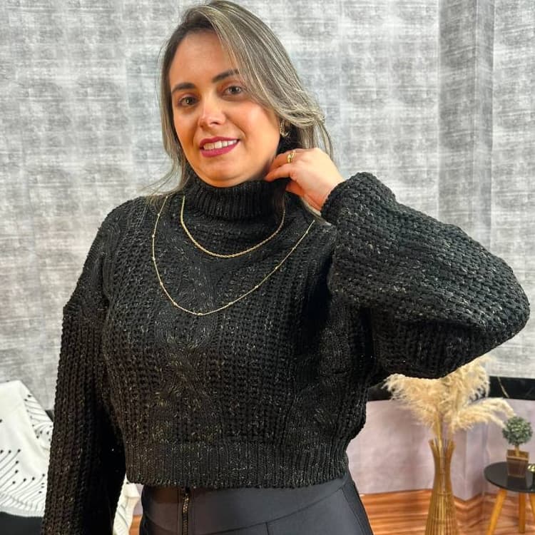 Cropped Feminino Tricot Gola Alta Manga Longa Suéter tranca blusa feminina Elegante
