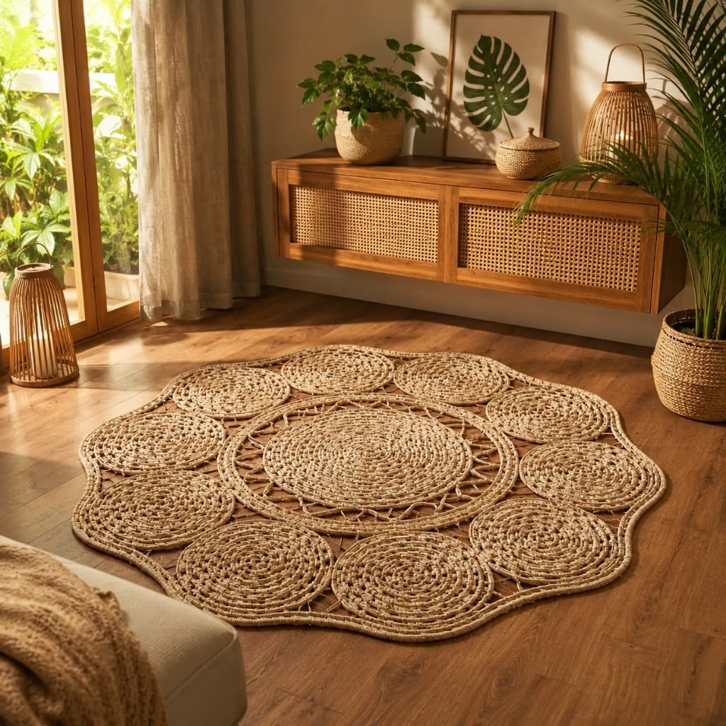 Tapete Redondo De Palha Mandala Boho Artesanal Luxo 95 Cm