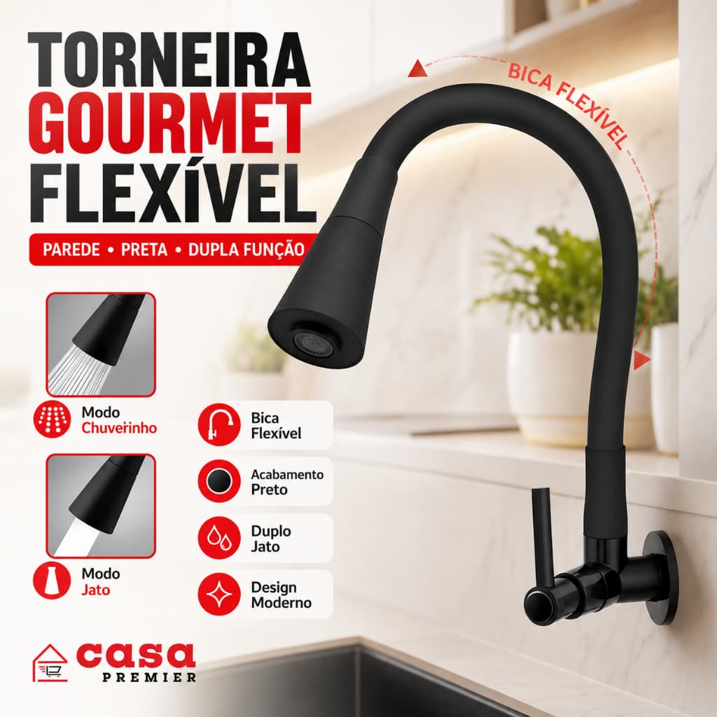 Torneira Gourmet Cozinha Parede Pia Flexível Preta Dupla Função Abs