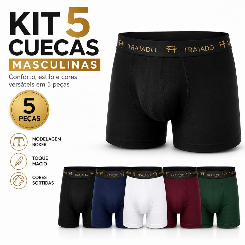 Kit 5 Cuecas Boxer Masculina Adulto com Forro em Algodão Malha Confortavel Leve e Respiravel