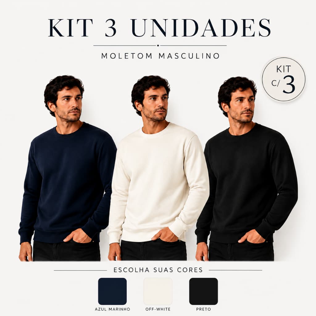 Kit 3 Moletom Masculino Sem Capuz Gola Redonda Blusa Manga Longa