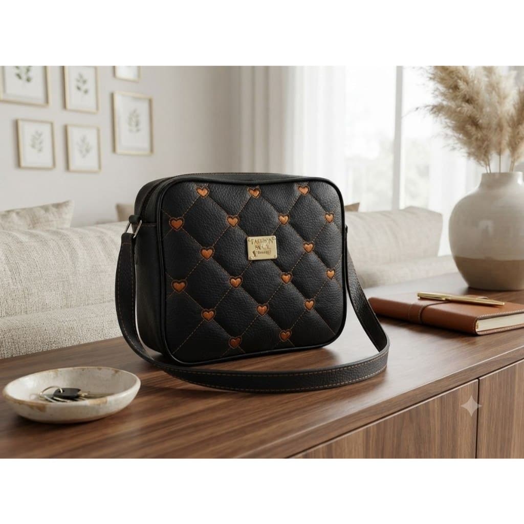 Bolsa Tiracolo Feminina em Couro Sintético Acolchoado com Corações - Compacta e Moderna - Preto