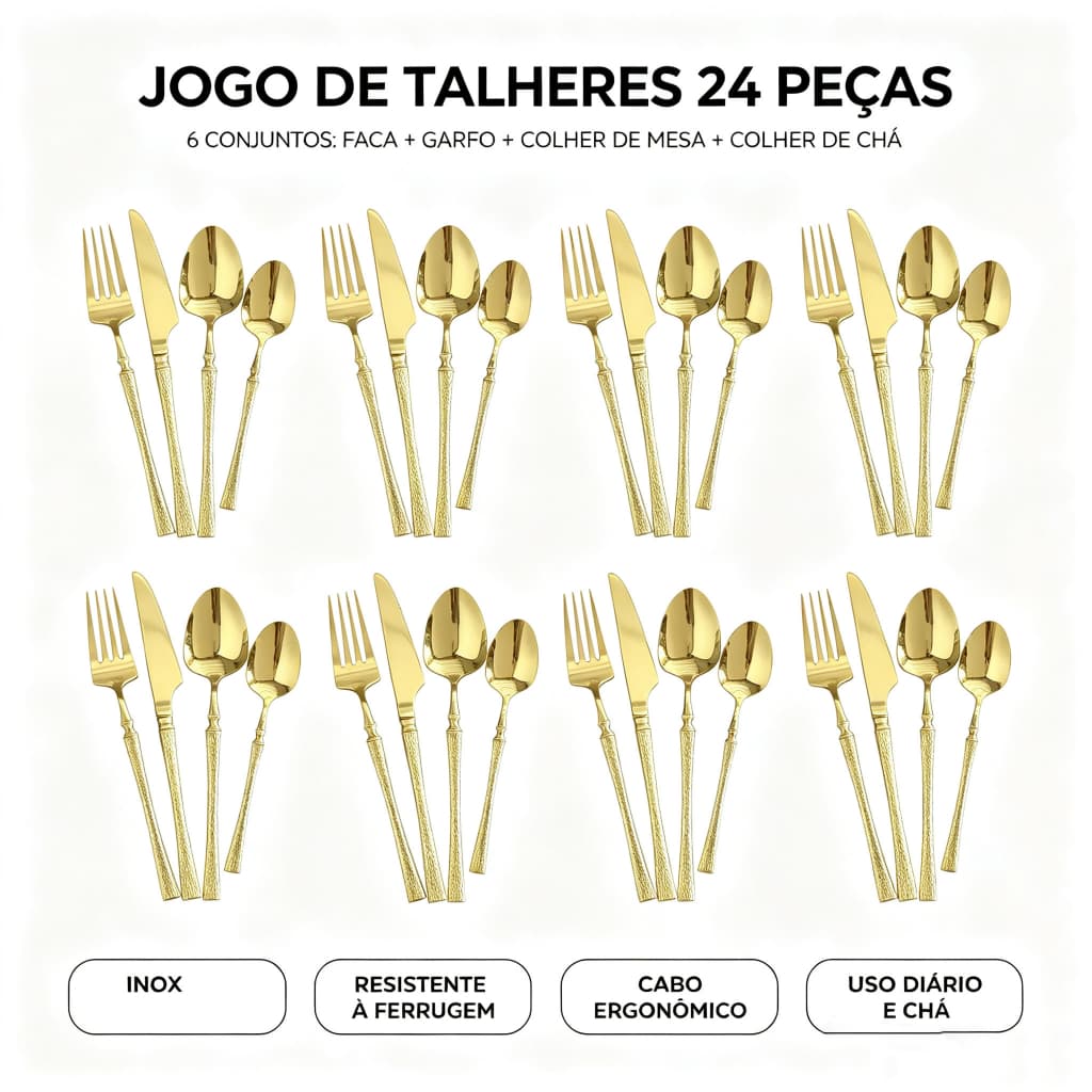 Kit Jogo de Talheres 24 Peças Aço Inoxidável Cintura Fina Textura Martelada Dourado