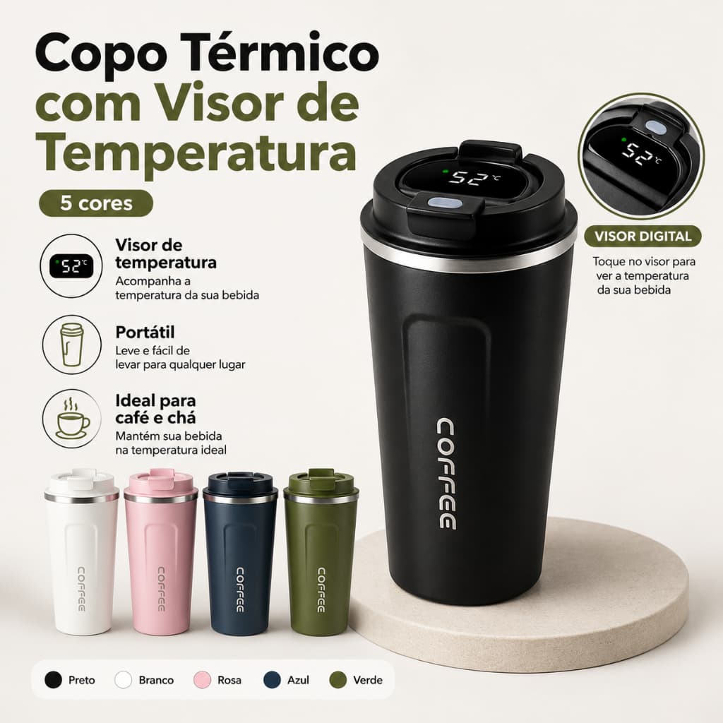 Caneca Copo De Café Coffee COM DIGITAL Termico de Aço Inoxidável 510ML quente frio