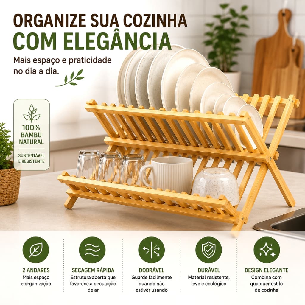 Escorredor de Louças Dobrável 2 Andares em Bambu Organizador de Pratos Copos Talheres Cozinha