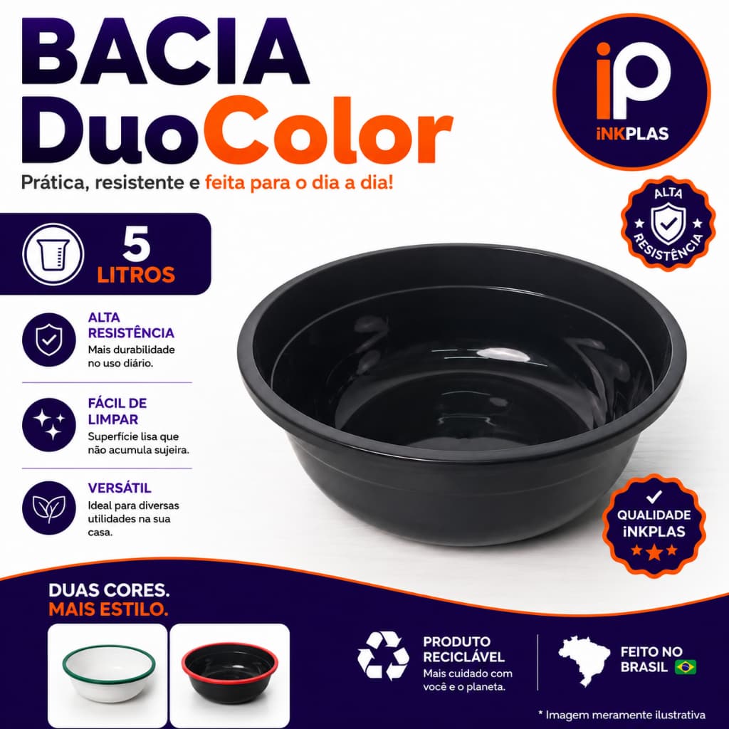 Bacia Plástica Duocolor 5 Litros Redonda Reforçada Lavanderia Cozinha Premium Duas Cores