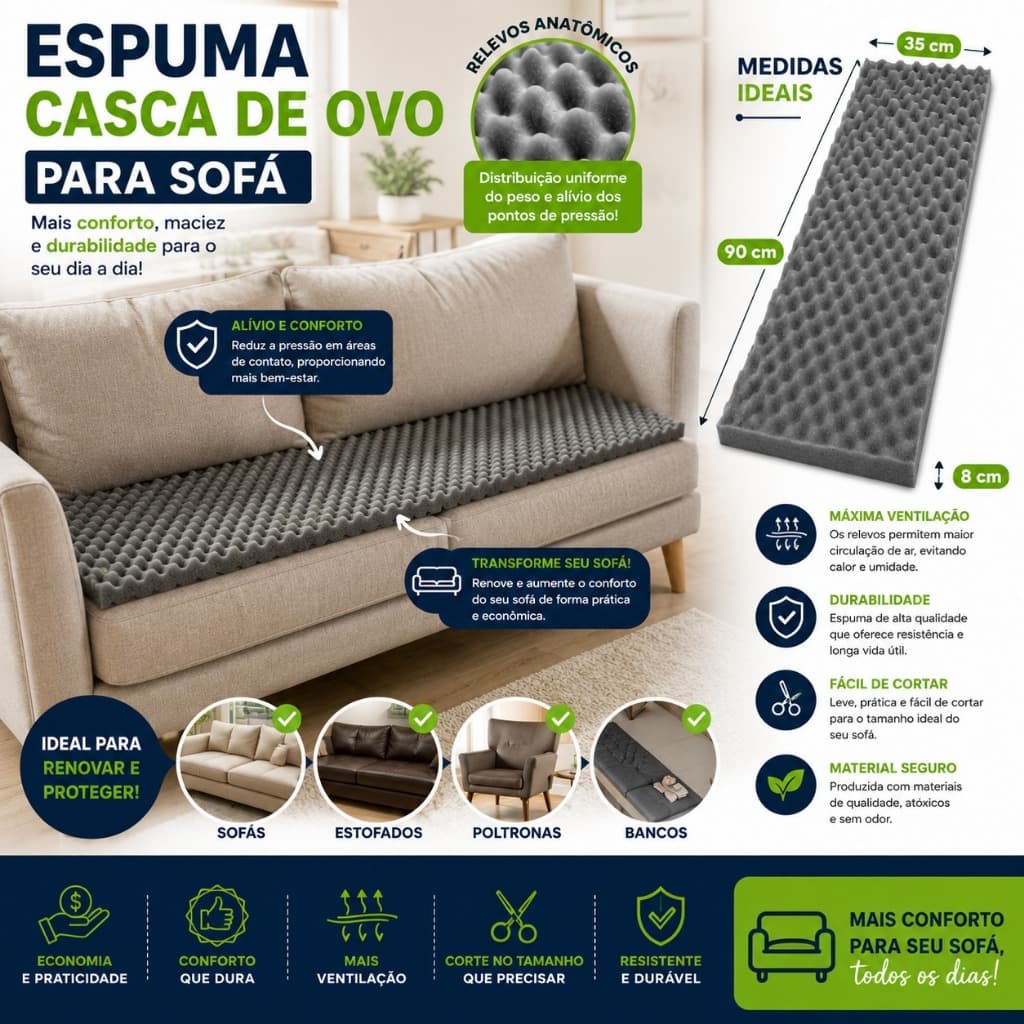 KIt 2 Unidades Espuma Para Sofá -Espuma Casca De Ovo, Cama- Sofá- Carro- Cadeira