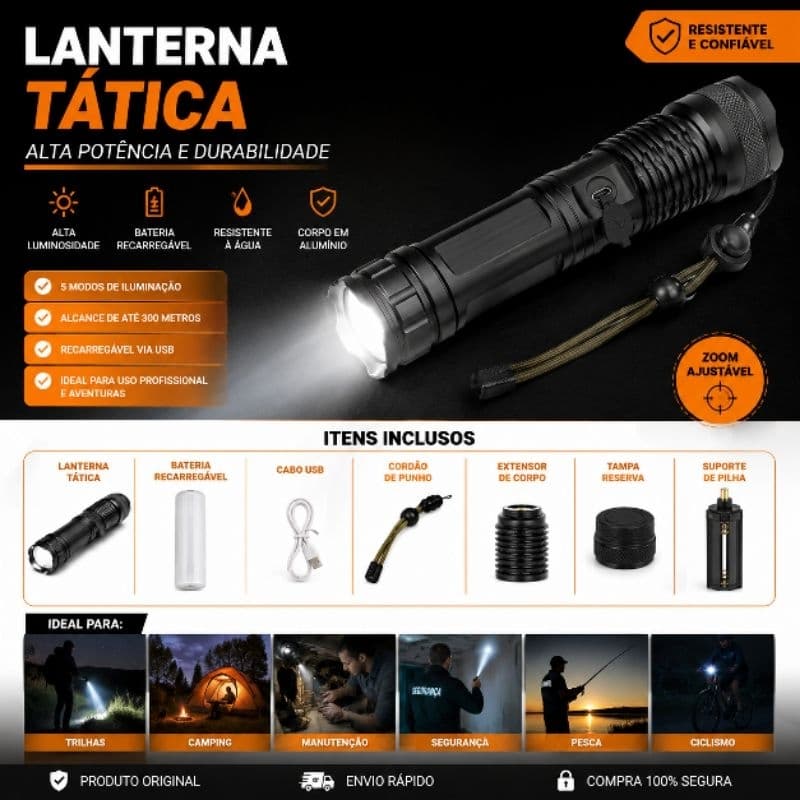 Lanterna Tática Portátil Bateria Recarregável Luz LED com Alça