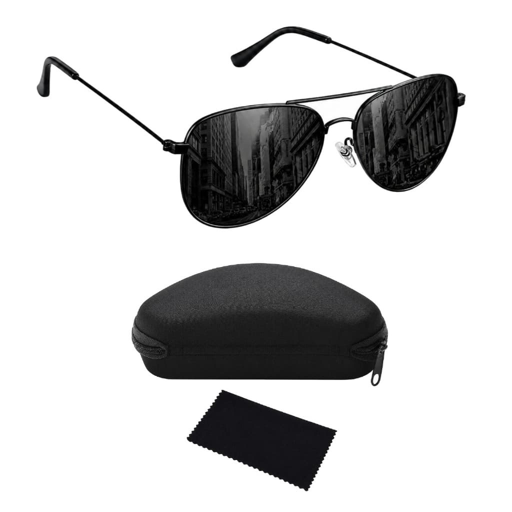 Óculos De Sol Aviador Masculino Feminino Proteção UV400 Todo Preto Lente Escura Premium + Acessórios