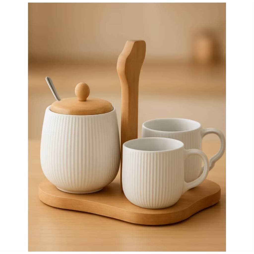 Jogo De 2 Xicaras Com Açucareiro Ceramica Premium Suporte de Bambu 4 Peças Café Chá Barato Frio Calor Vício Chuva