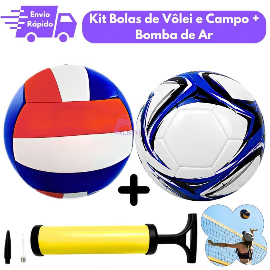 Kit Bola de Vôlei + Bola de Futebol Campo + Bomba de Ar Manual Alta Qualidade Ideal para Quadra, Praia, Campo e Treinos