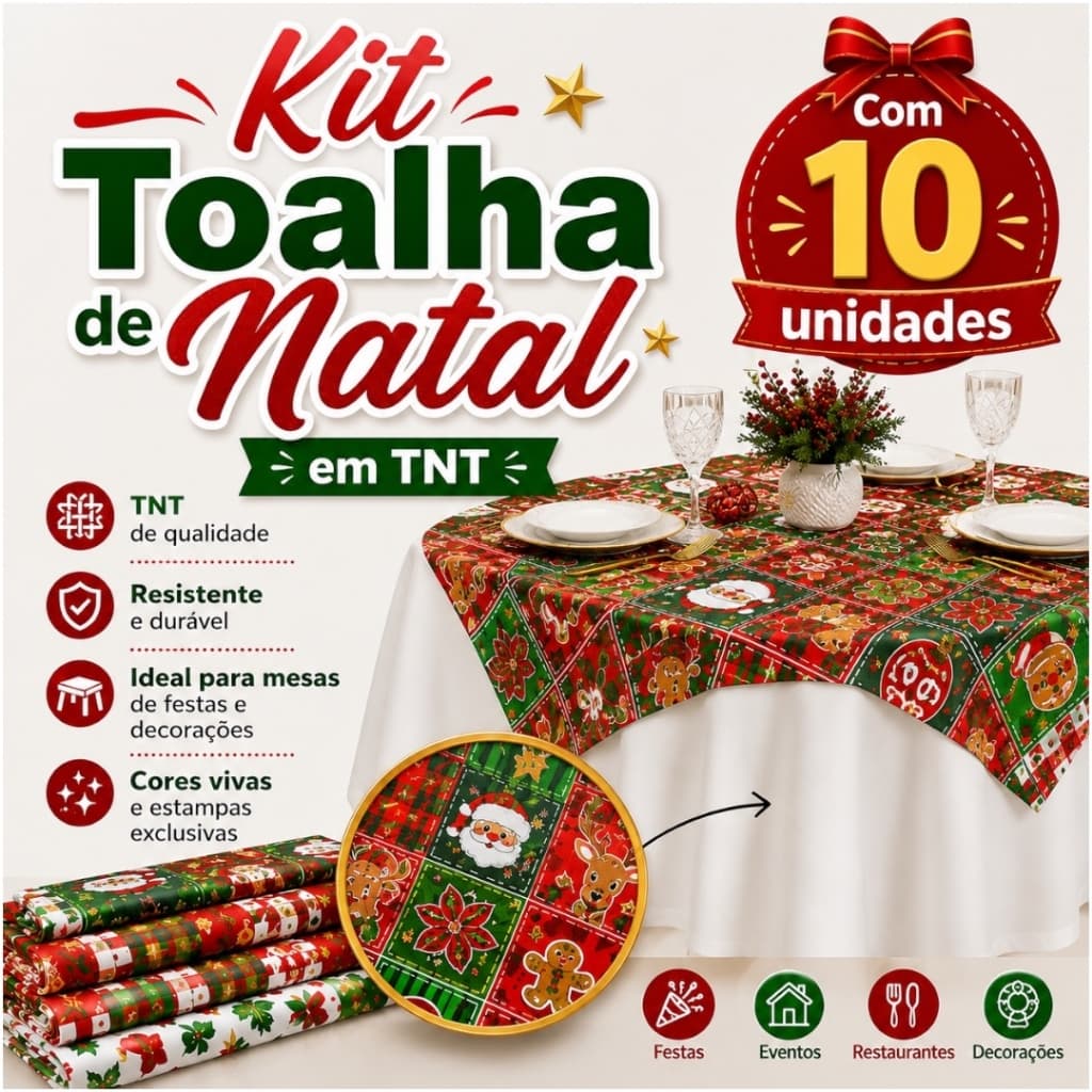 Kit Toalha Natalino em TNT com 20 Toalhas sendo 10 de 1,40x1,40 e 10 de 70x70cm cobre manchas Festas Decoração Natal