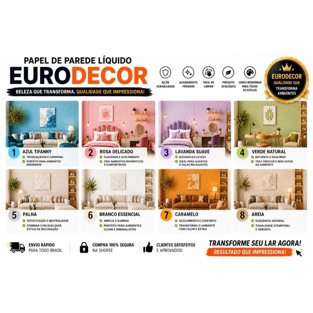 Papel de Parede Líquido Sem Cheiro 1Kg 5m² Premium Várias Cores para Decoração com Embalagem Pequena