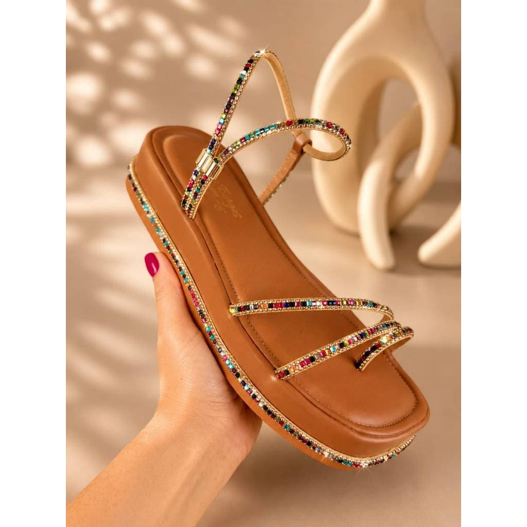 Sandália Nova Feminina Flat Strass Colorido Plataforma confortavel Casual